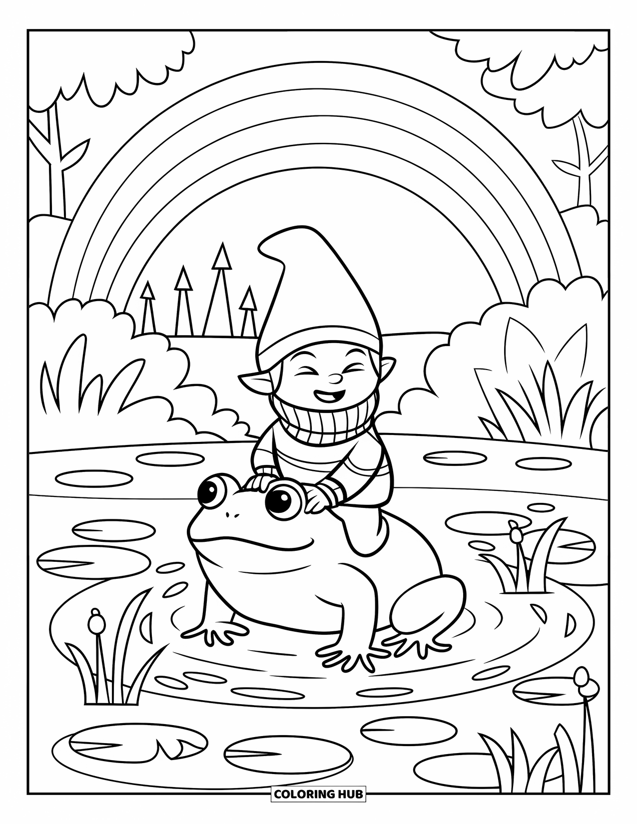 Spring Gnome Coloring Page for Kids: A gnome and frog cross a lily pond with a castle in the distance