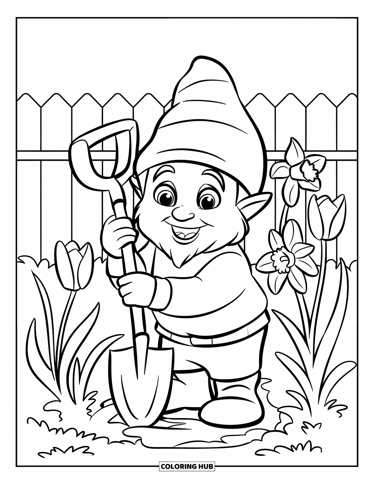 Spring Gnome Coloring Page for Kids: A gnome gardens with a shovel among blooming spring flowers
