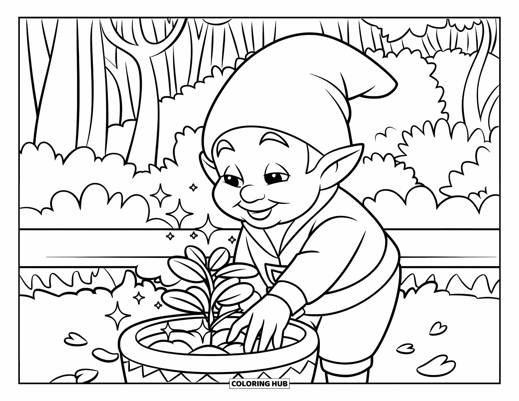 Spring Gnome Coloring Page for Kids: A gnome gently plants magic seeds in a forest full of sparkles and petals