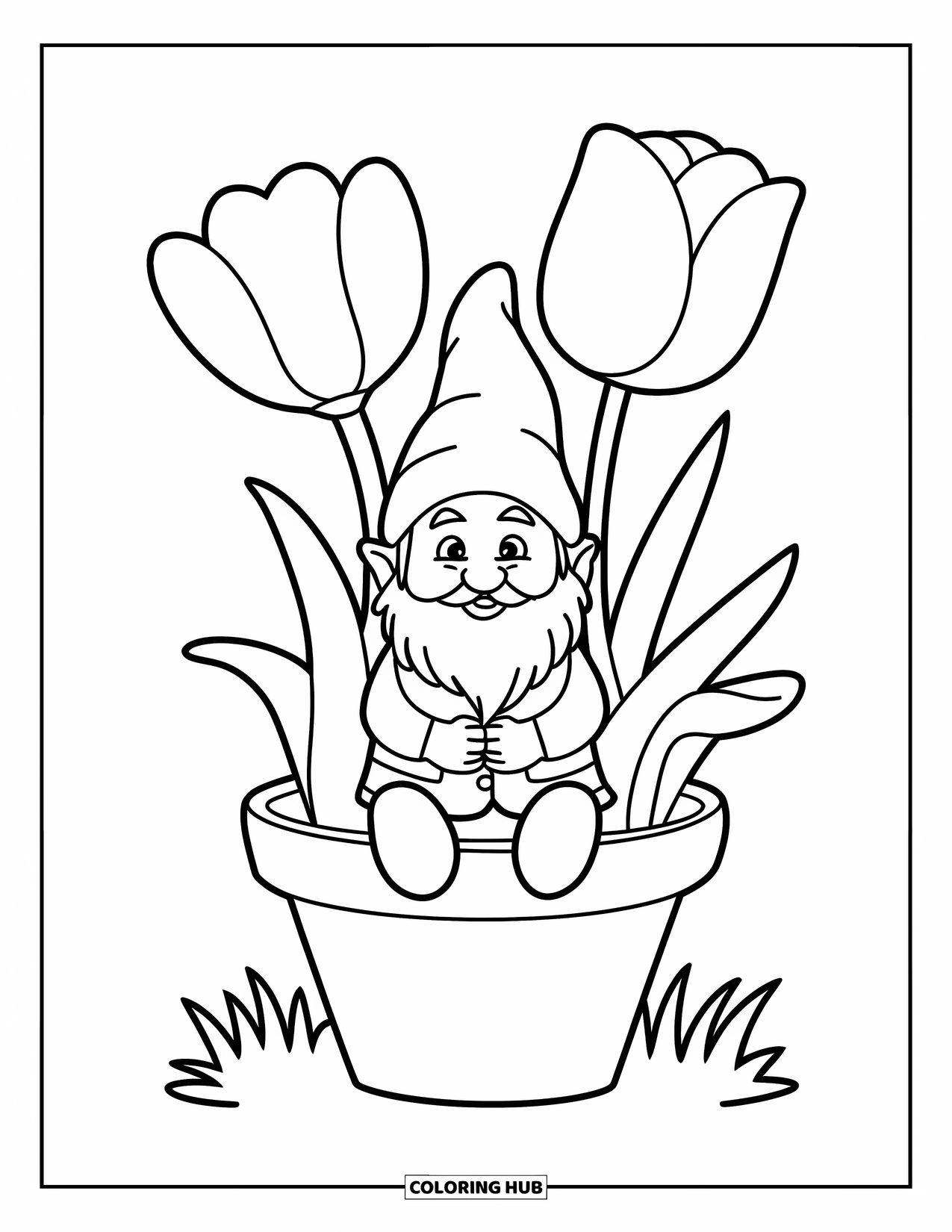 Spring Gnome Coloring Page for Kids: A gnome in a pot smiles among tall tulips on a wooden deck