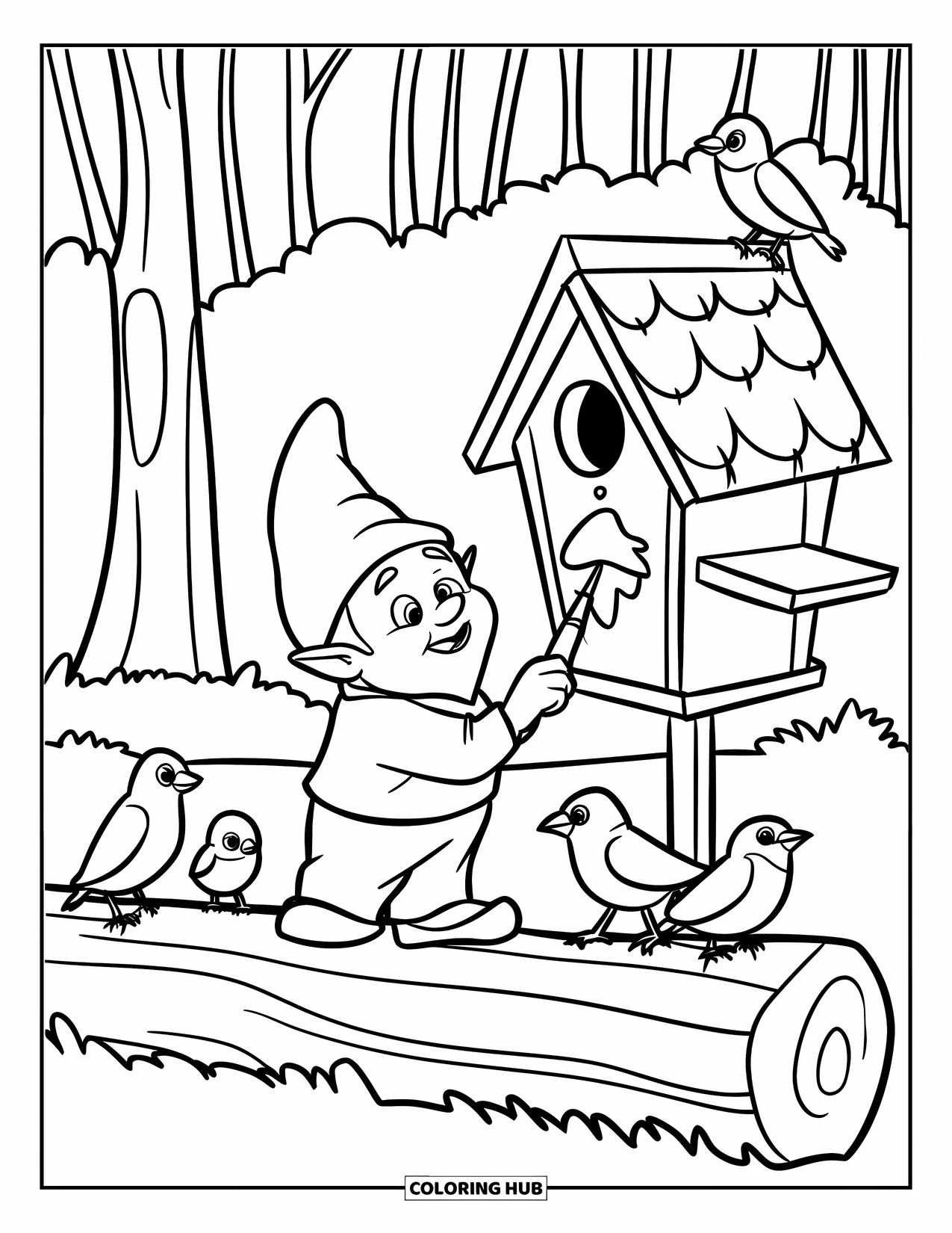 Spring Gnome Coloring Page for Kids: A gnome paints a birdhouse while birds perch nearby