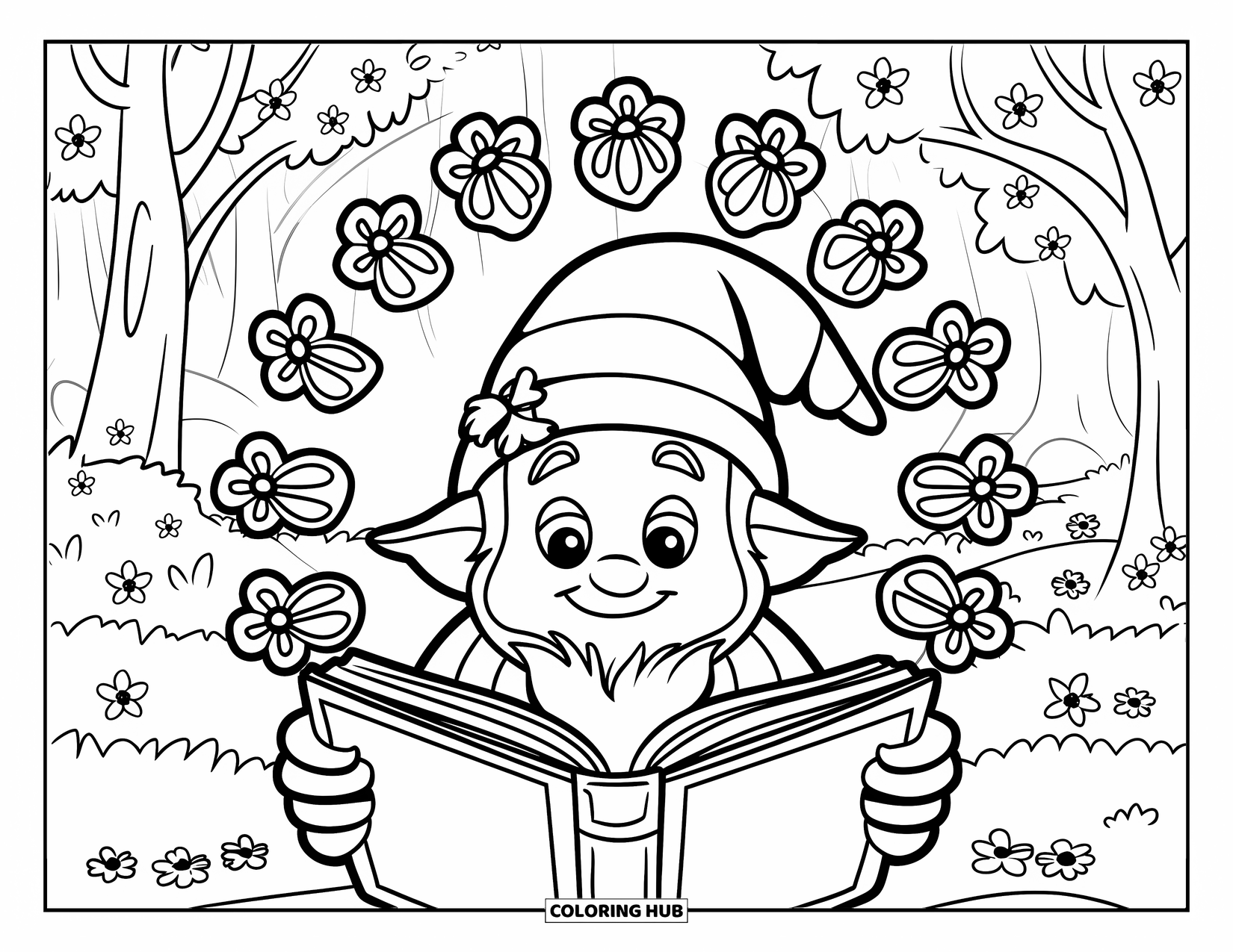 Spring Gnome Coloring Page for Kids: A gnome reads a spellbook surrounded by flowers in a blooming forest