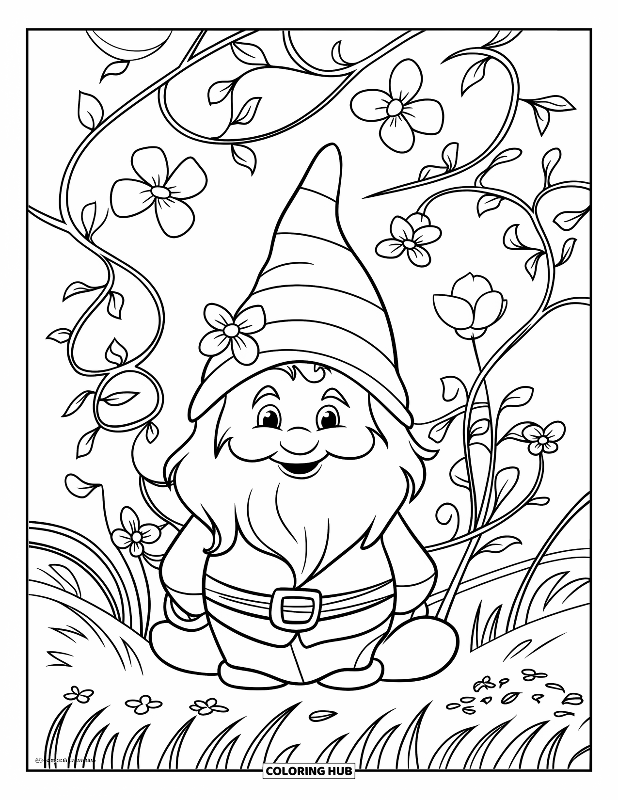Spring Gnome Coloring Page for Kids: A gnome sits among swirling vines and blooming spring flowers