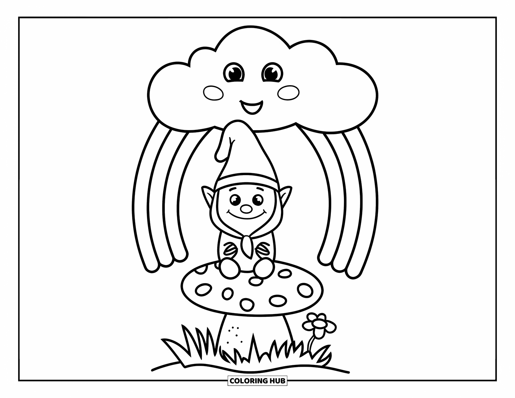 Spring Gnome Coloring Page for Kids: A gnome sits on a toadstool under a smiling cloud and rainbow