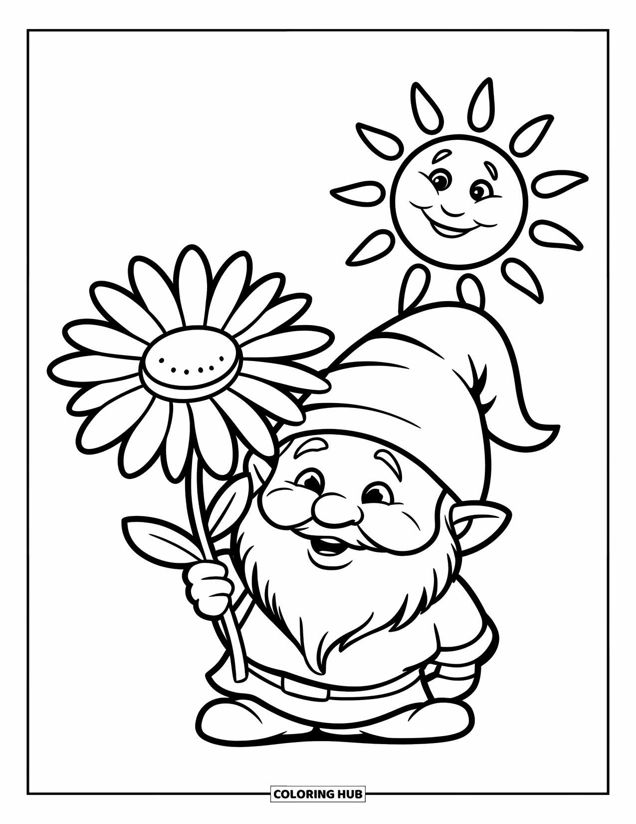 Spring Gnome Coloring Page for Kids: A gnome smiles holding a daisy under a happy sun