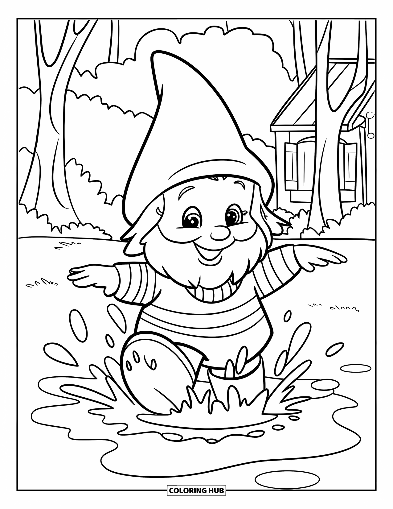 Spring Gnome Coloring Page for Kids: A gnome splashes in puddles near trees and a cozy cottage