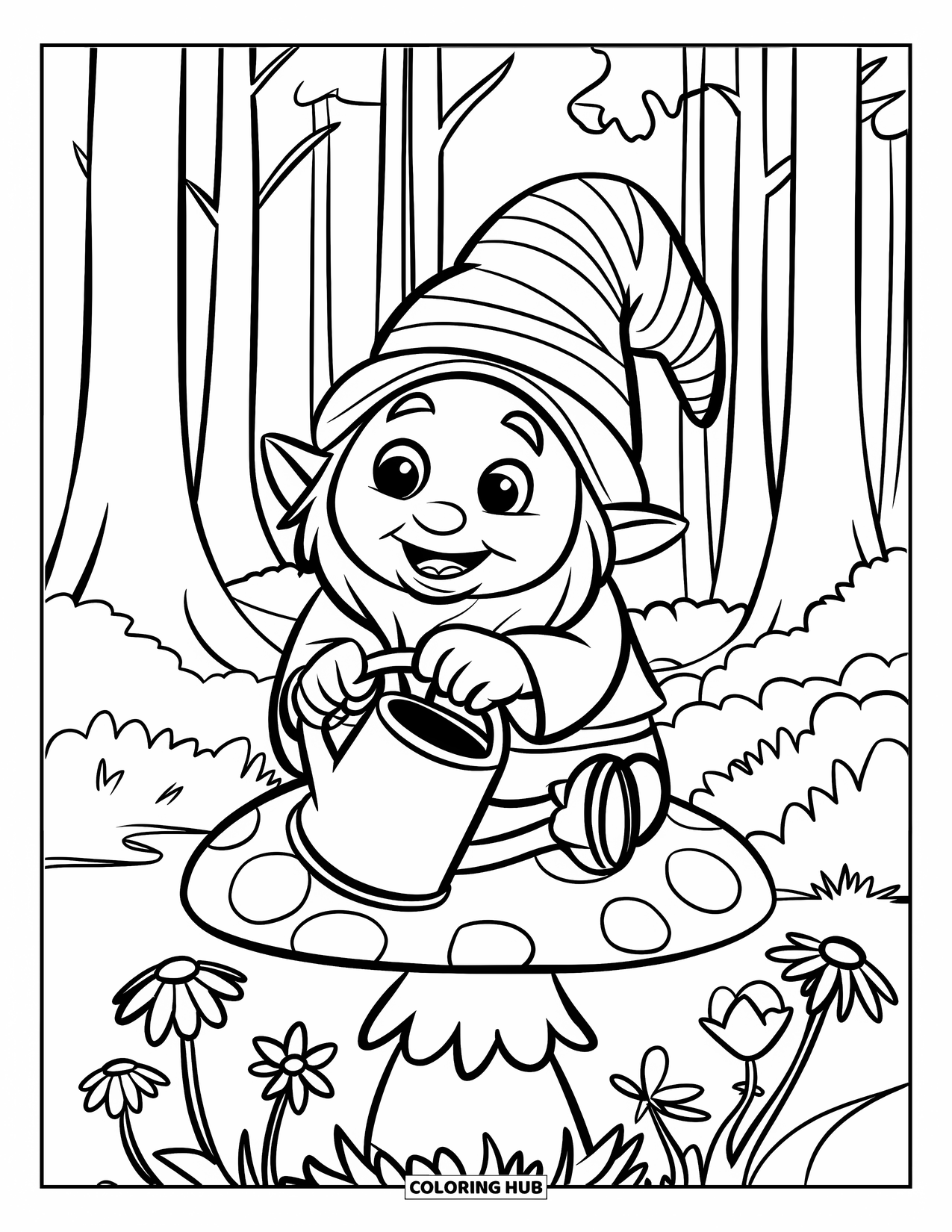 Spring Gnome Coloring Page for Kids: A gnome waters flowers while sitting on a mushroom in the woods