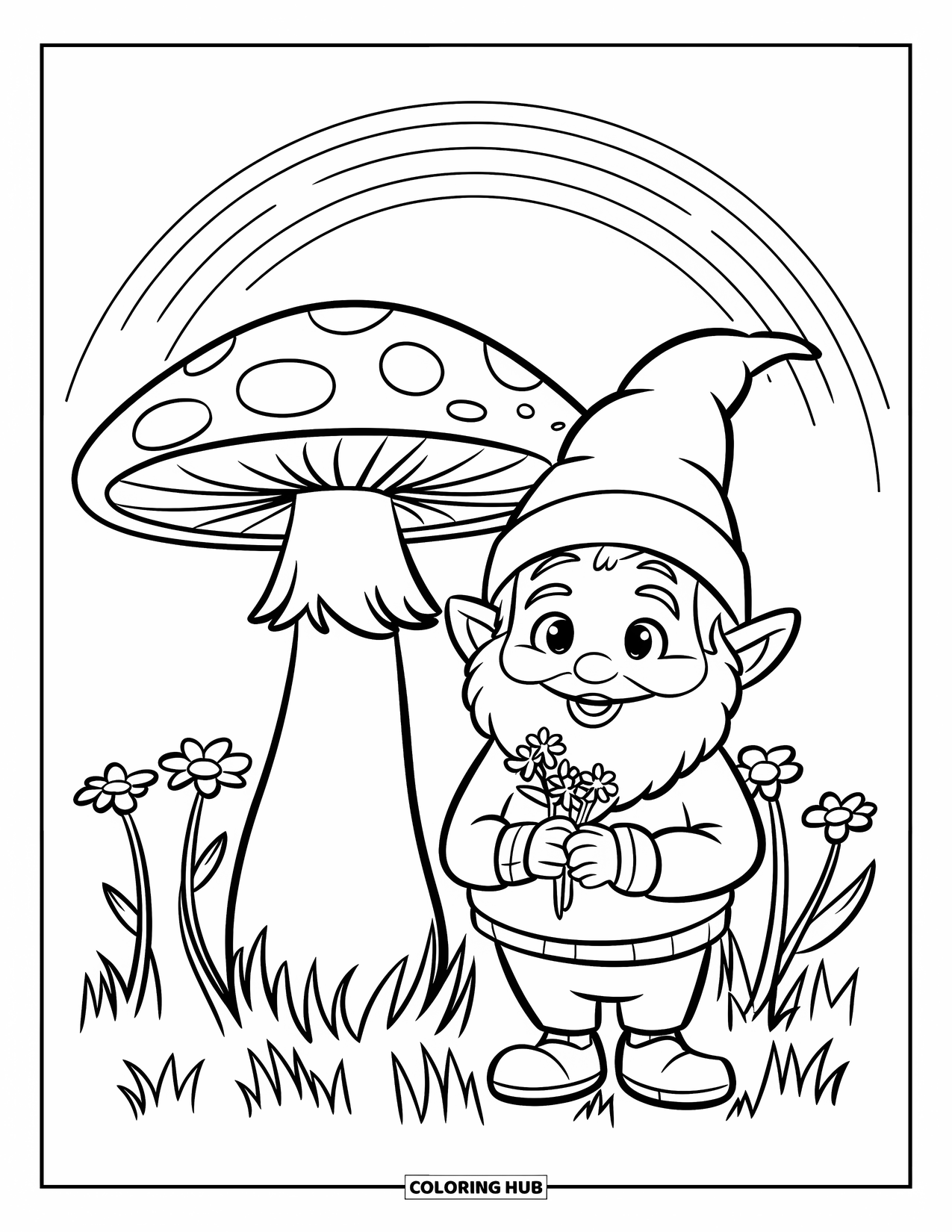 Spring Gnome Coloring Page for Kids: A gnome with a bouquet stands beside a mushroom under a rainbow sky