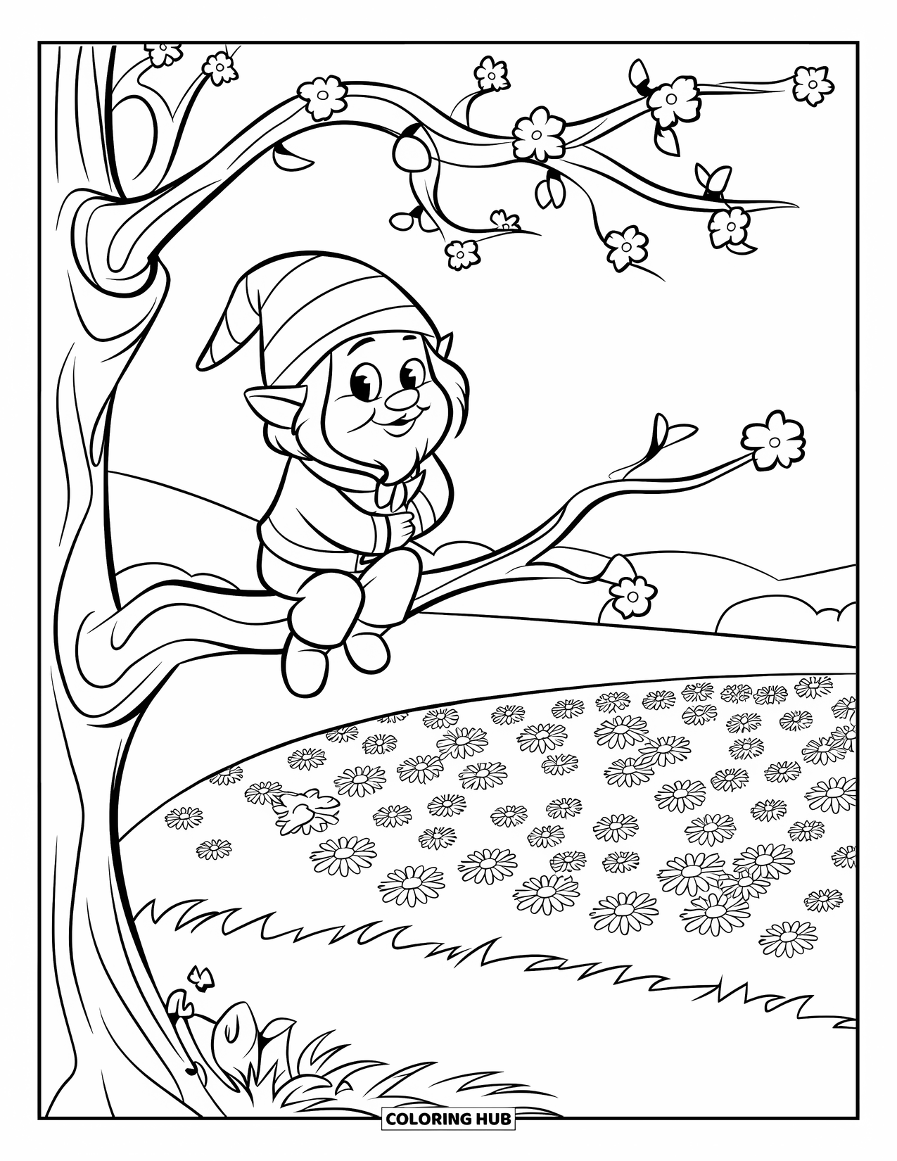 Spring Gnome Coloring Page for Kids: A gnome with a red scarf rests on a branch above rolling flower hills