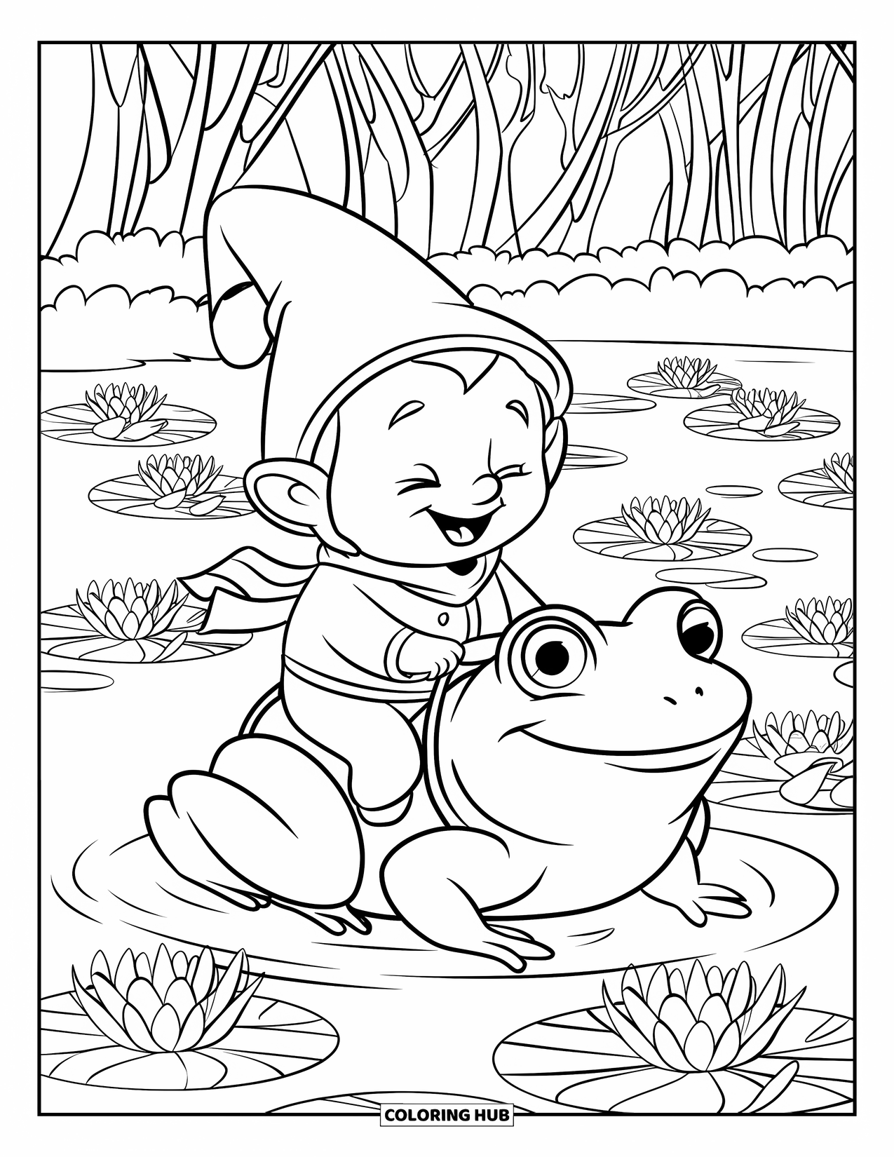 Spring Gnome Coloring Page for Kids: A happy gnome rides a frog through a pond full of lily pads
