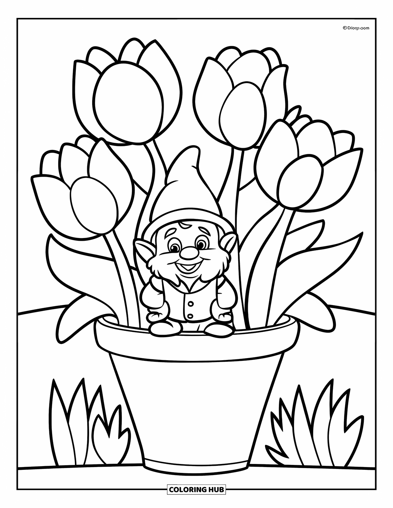 Spring Gnome Coloring Page for Kids: A playful gnome peeks from a flowerpot filled with tulips