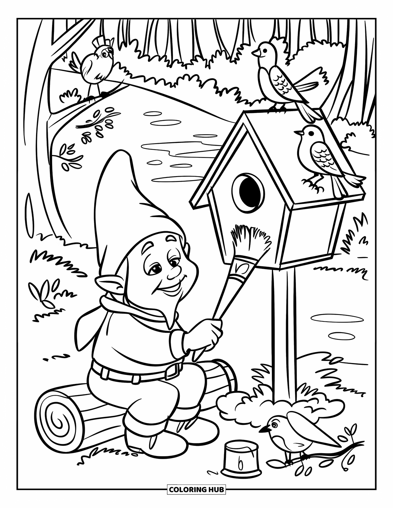 Spring Gnome Coloring Page for Kids: A red-scarf gnome paints while birds rest on a branch above
