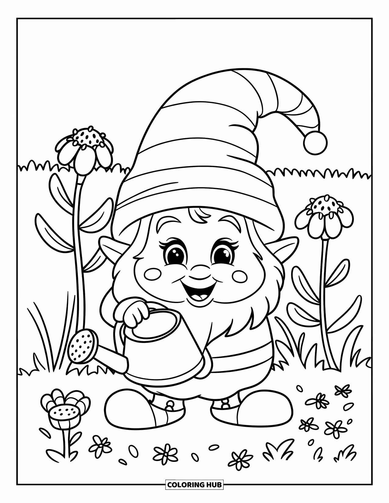 Spring Gnome Coloring Page for Kids: A striped-hat gnome waters flowers in a wide open field