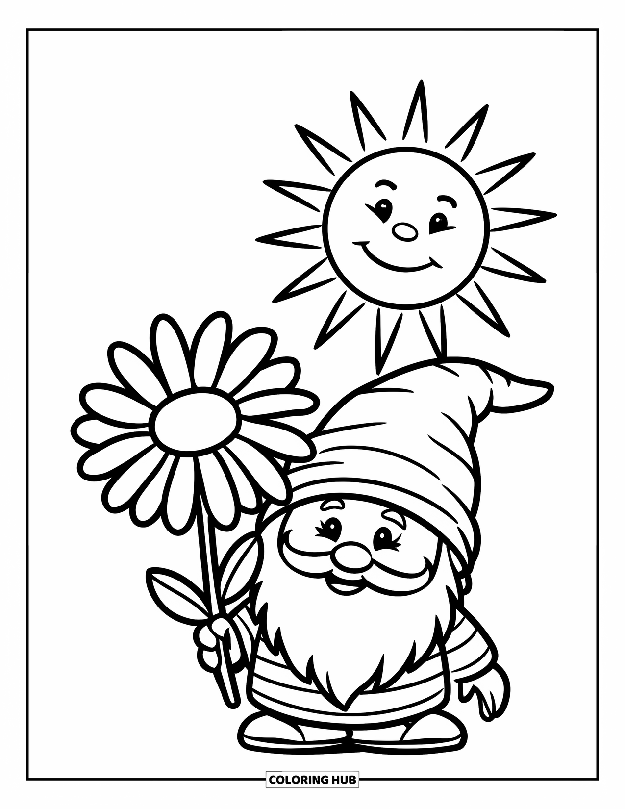 Spring Gnome Coloring Page for Kids: A striped-shirt gnome holds a daisy while a smiling sun shines down