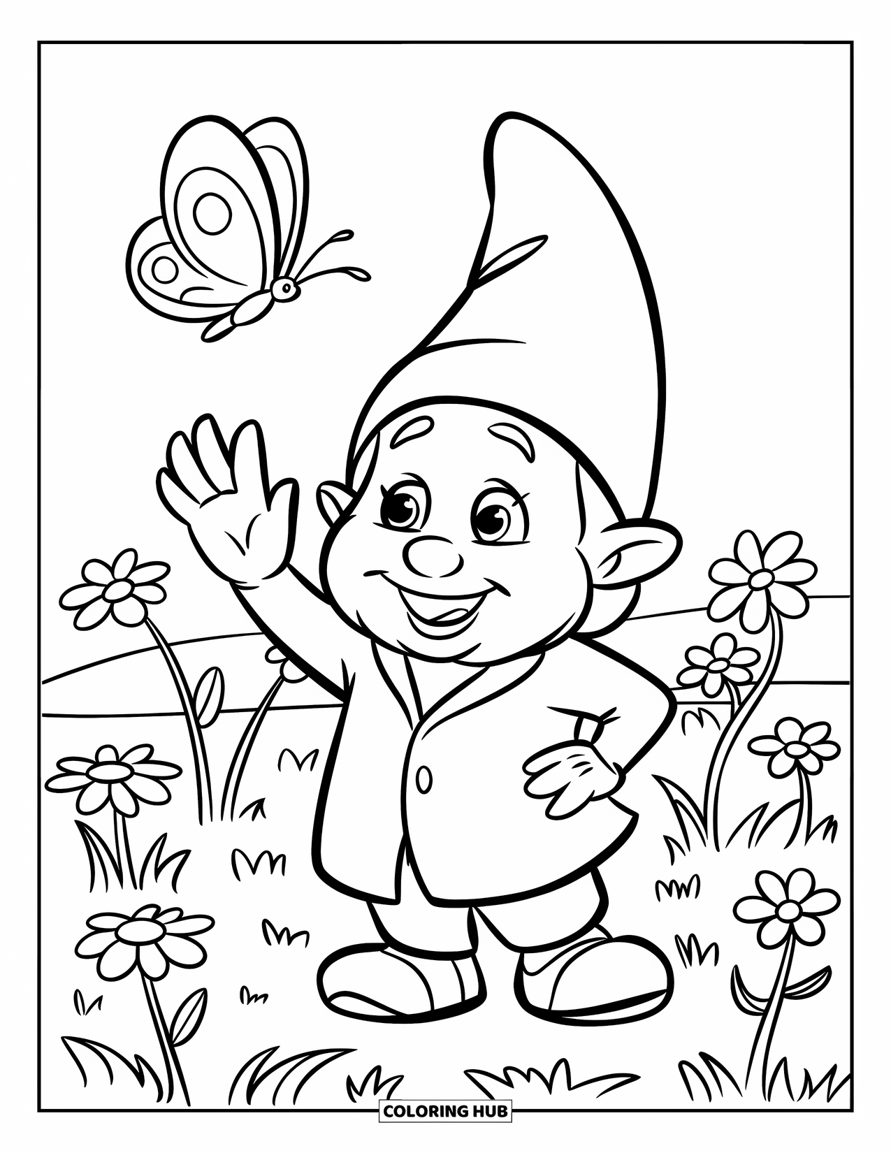 Spring Gnome Coloring Page for Kids: A waving gnome stands in a flower field with a butterfly friend