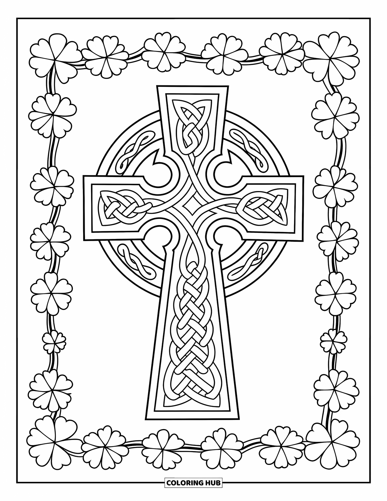 Coloriage de la Saint-Patrick pour adultes : Une croix celtique bordée de trèfles et de vignes avec des nœuds complexes