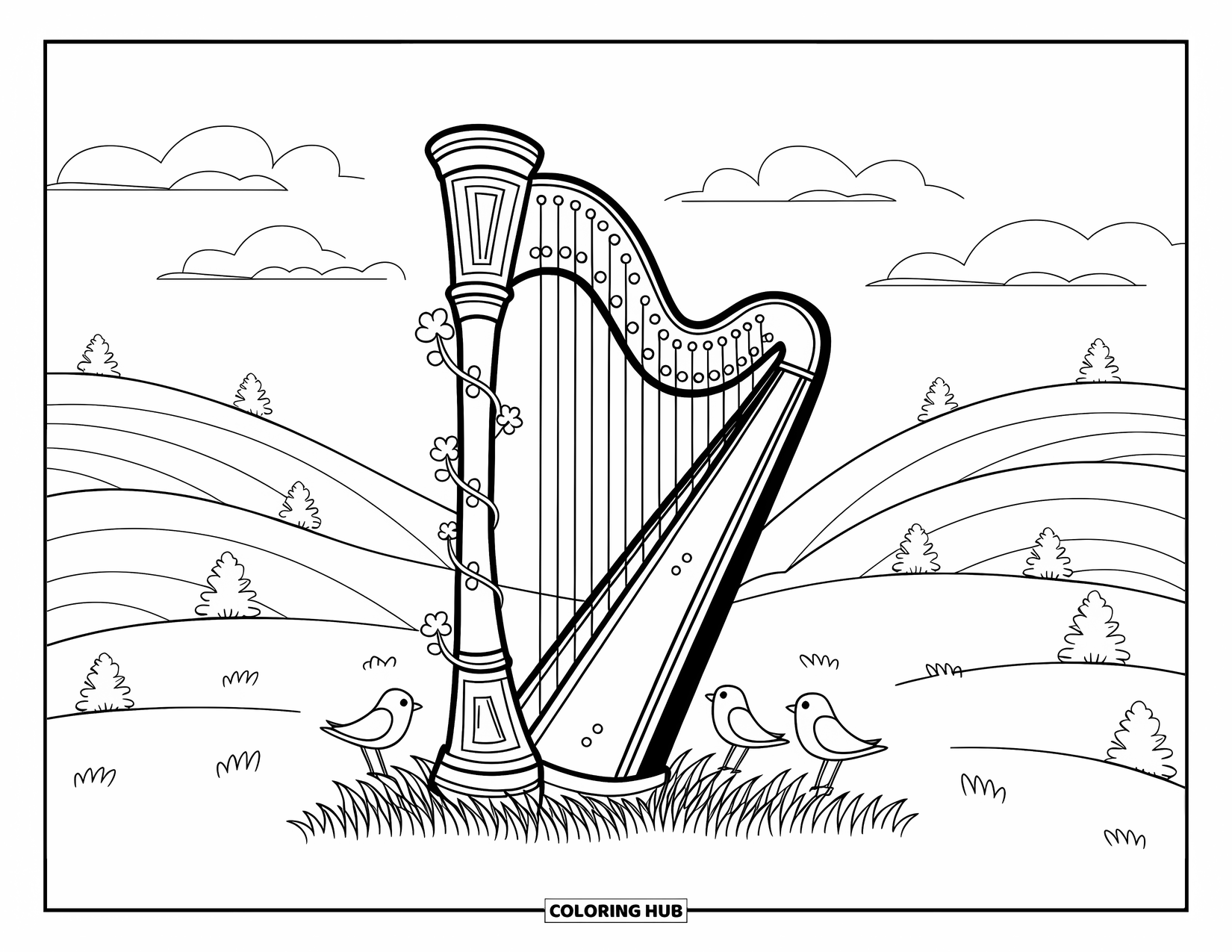 Coloriage de la Saint-Patrick pour adultes : Une harpe celtique couverte de vignes et de trèfles sous un ciel paisible