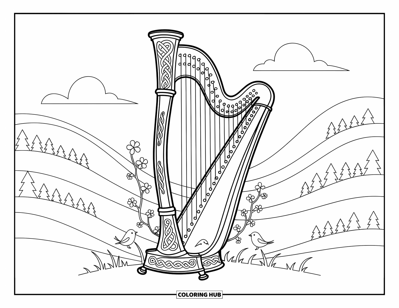 Coloriage de la Saint-Patrick pour adultes : Une harpe celtique enlacée de vignes et de trèfles posée sur une herbe douce