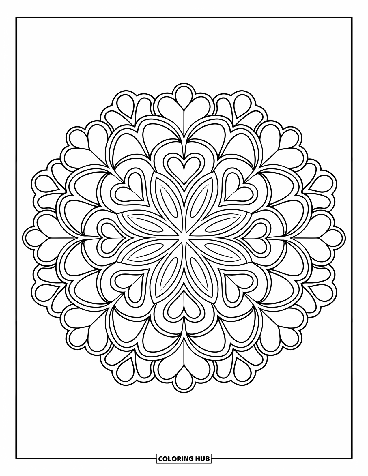 Coloriage de la Saint-Patrick pour adultes : Un mandala de trèfle centré en traits épais sur fond blanc