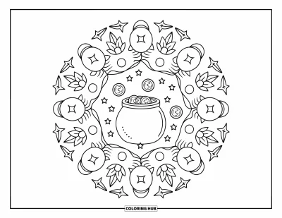 Sankt Patricks dag-målarbild för vuxna: En cirkulär mandala av mynt och blad med en guldkruka i mitten