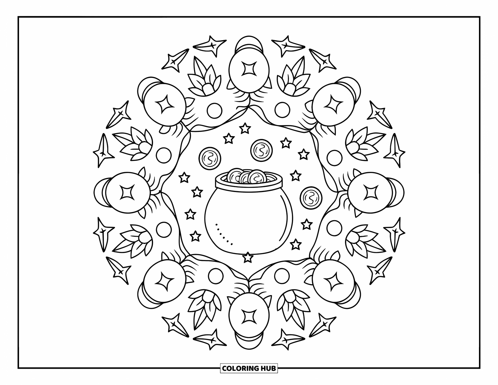 Coloriage de la Saint-Patrick pour adultes : Un mandala circulaire de pièces et de feuilles avec un pot d’or au milieu
