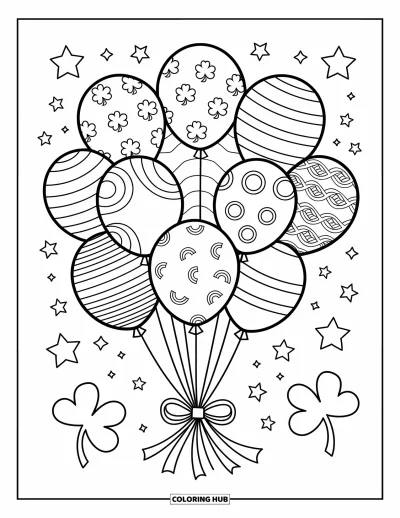 Sankt Patricks dag-målarbild för vuxna: En klase ballonger med shamrocks, regnbågar och keltiska knutmönster