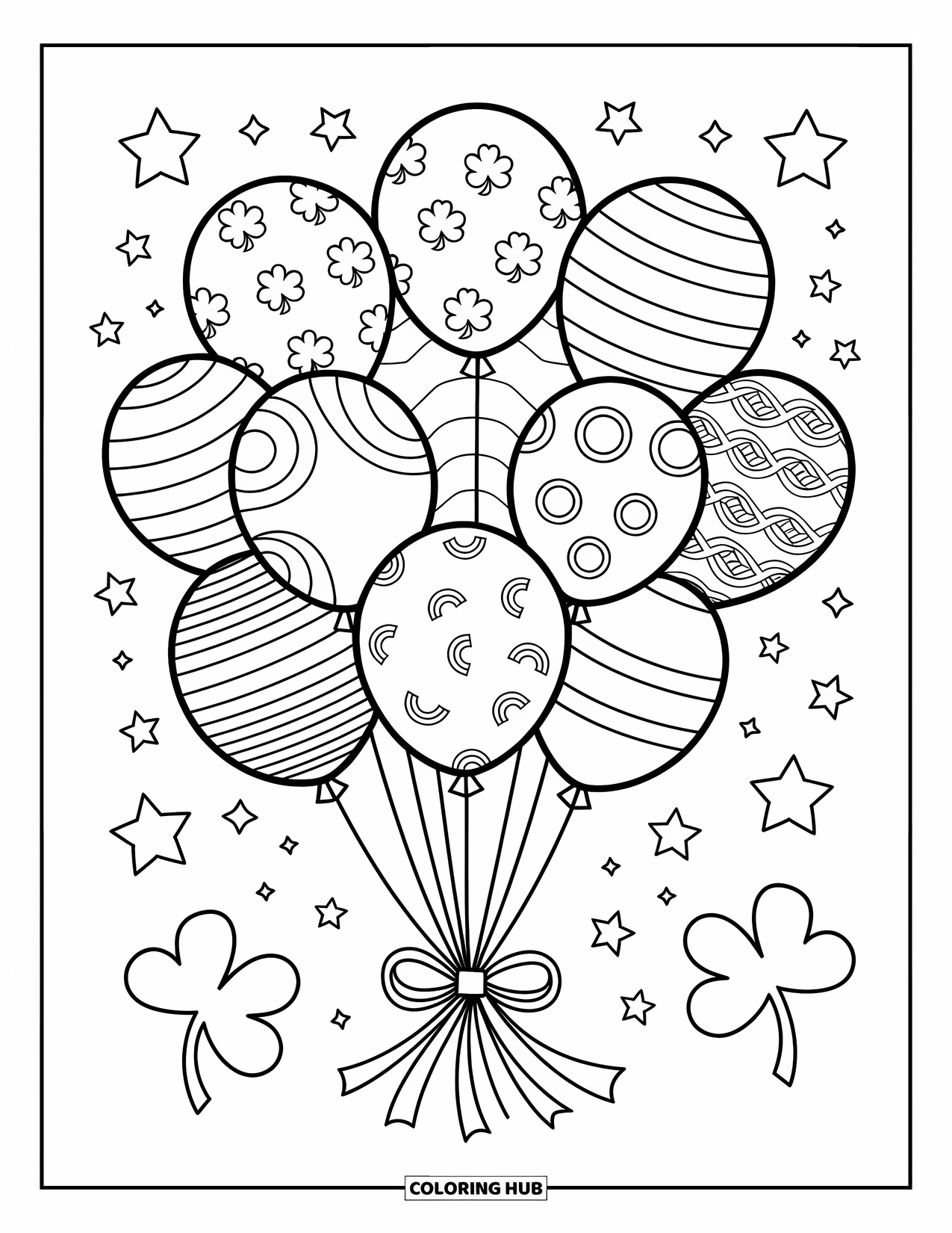 Coloriage de la Saint-Patrick pour adultes : Une grappe de ballons avec des trèfles, des arcs-en-ciel et des motifs de nœuds celtiques