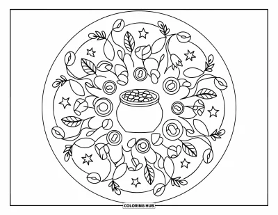 Sankt Patricks dag-målarbild för vuxna: En detaljerad mandala av mynt och stjärnor kring en guldkruka