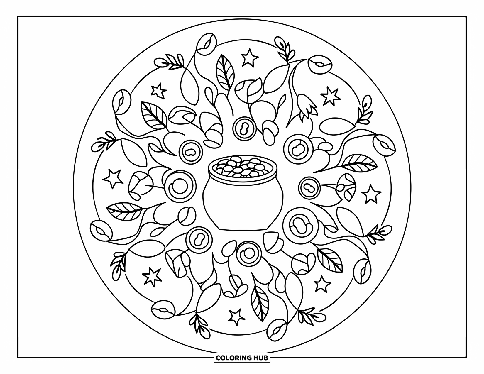 Coloriage de la Saint-Patrick pour adultes : Un mandala détaillé de pièces et d’étoiles autour d’un pot d’or