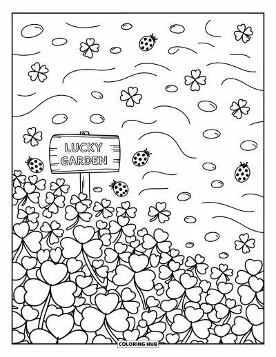 Sankt Patricks dag-målarbild för vuxna: Ett fält av tre- och fyrklöver med en snidad skylt med texten "Lucky Garden"