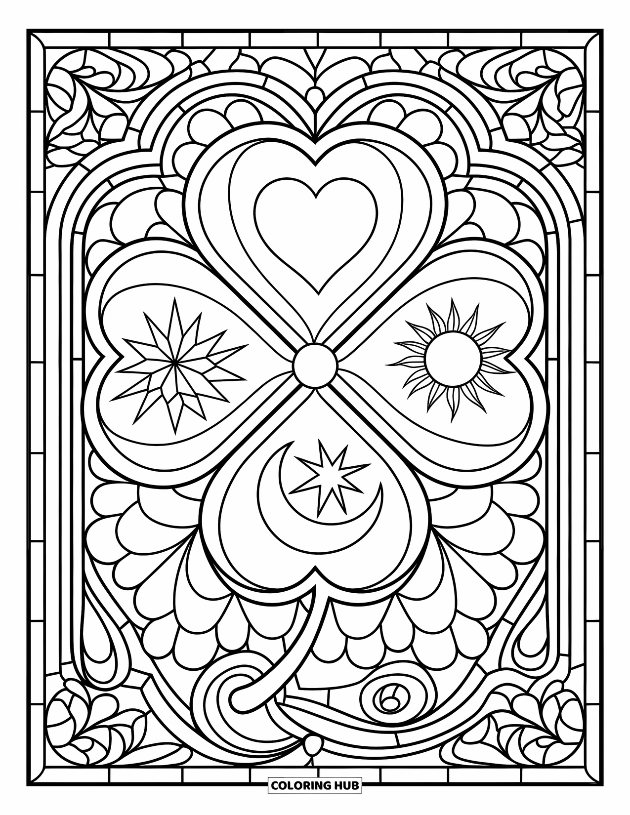 Coloriage de la Saint-Patrick pour adultes : Un trèfle à quatre feuilles avec cœur, étoile, lune et soleil dans des motifs tourbillonnants