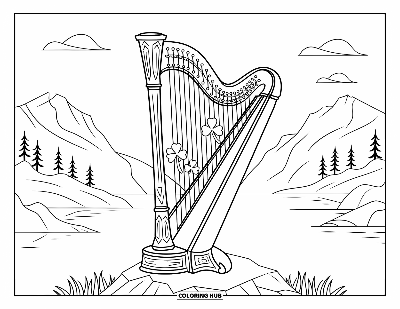 Coloriage de la Saint-Patrick pour adultes : Une harpe posée sur des rochers près des montagnes et de l’eau sous un ciel clair