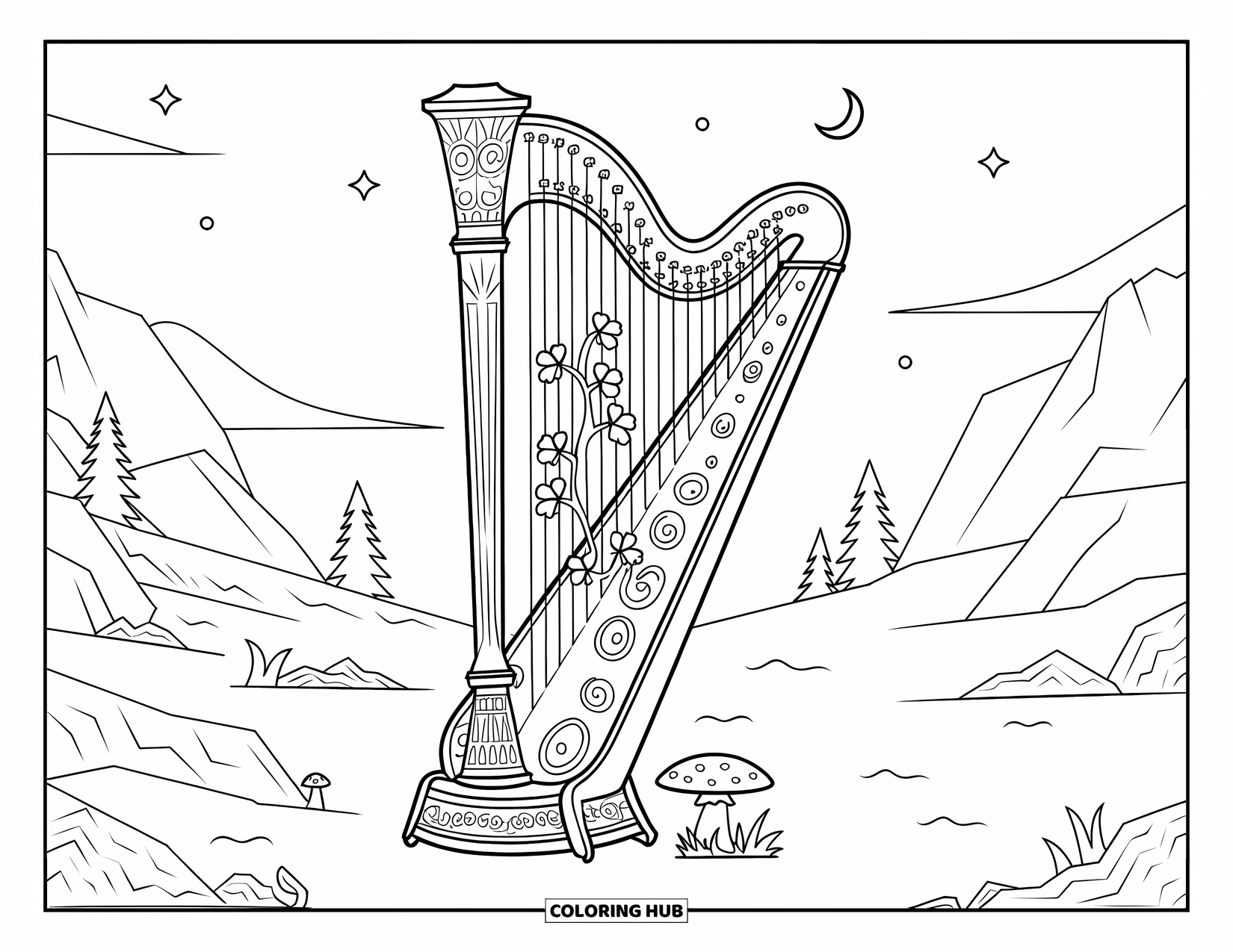 Coloriage de la Saint-Patrick pour adultes : Une harpe avec des trèfles et des étoiles sous un croissant de lune sur un terrain rocheux
