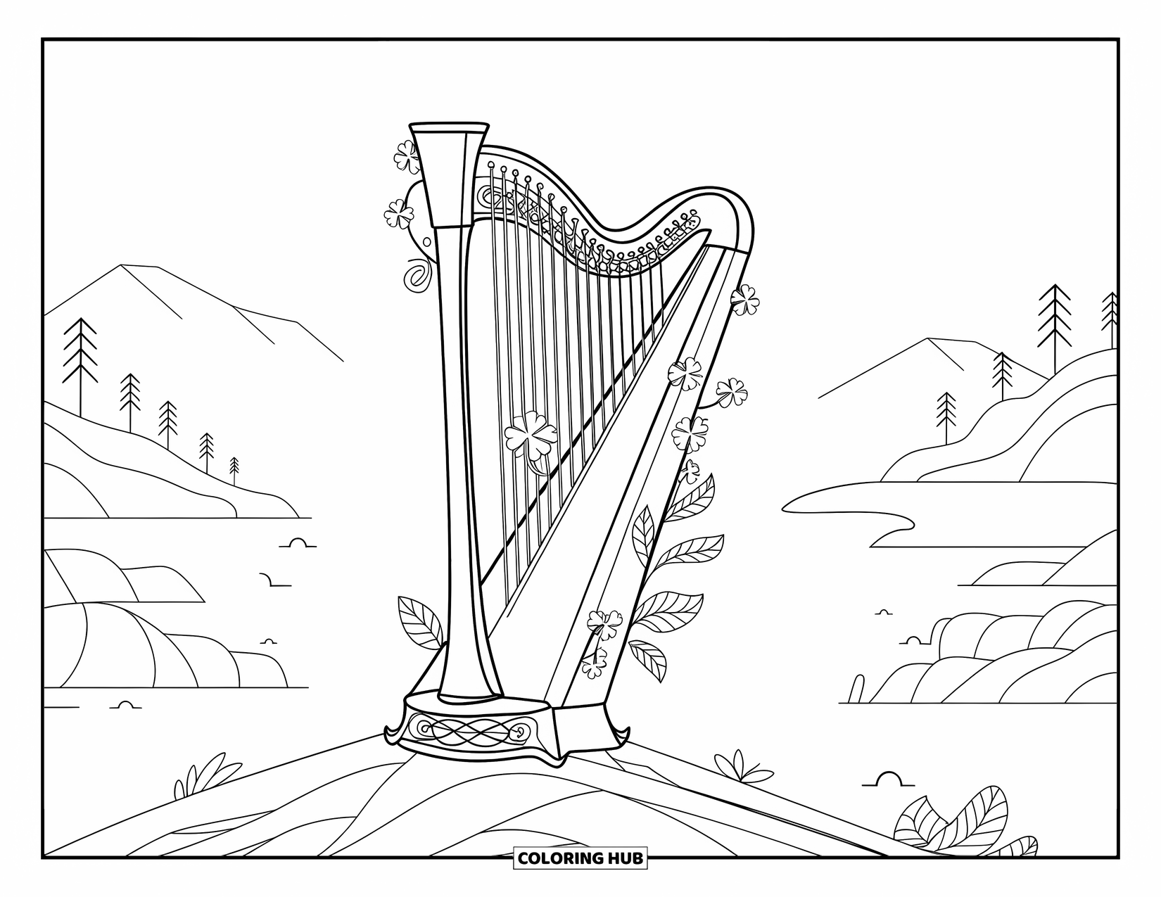 Coloriage de la Saint-Patrick pour adultes : Une harpe avec des trèfles et des vignes poussant depuis ses cordes sur un sol rocheux