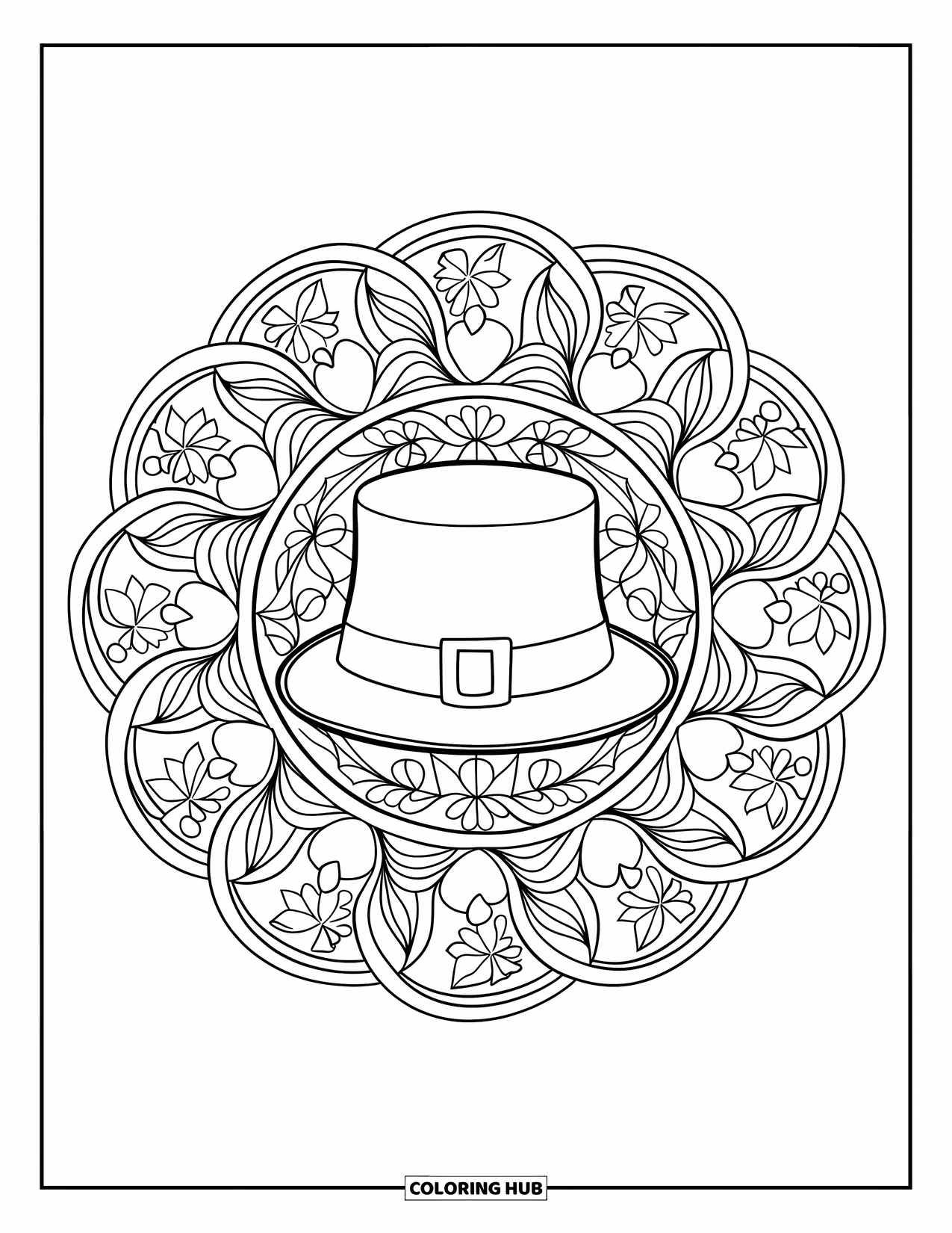 Coloriage de la Saint-Patrick pour adultes : Un chapeau de farfadet au centre d’un motif mandala floral