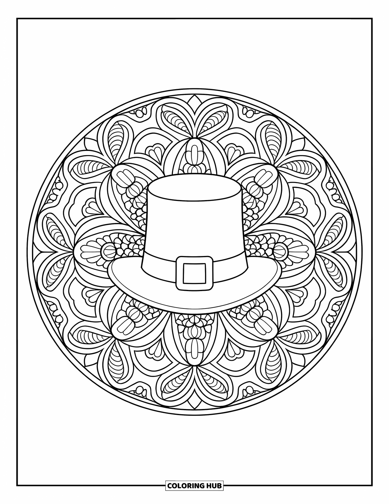 Coloriage de la Saint-Patrick pour adultes : Un chapeau de farfadet encadré de motifs mandala de feuilles et de vignes
