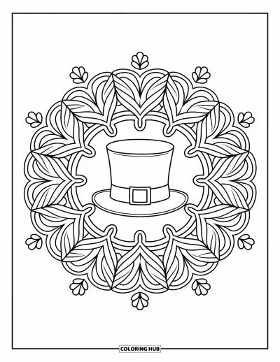 Sankt Patricks dag-målarbild för vuxna: En tomtehatt i en cirkulär botanisk mandala