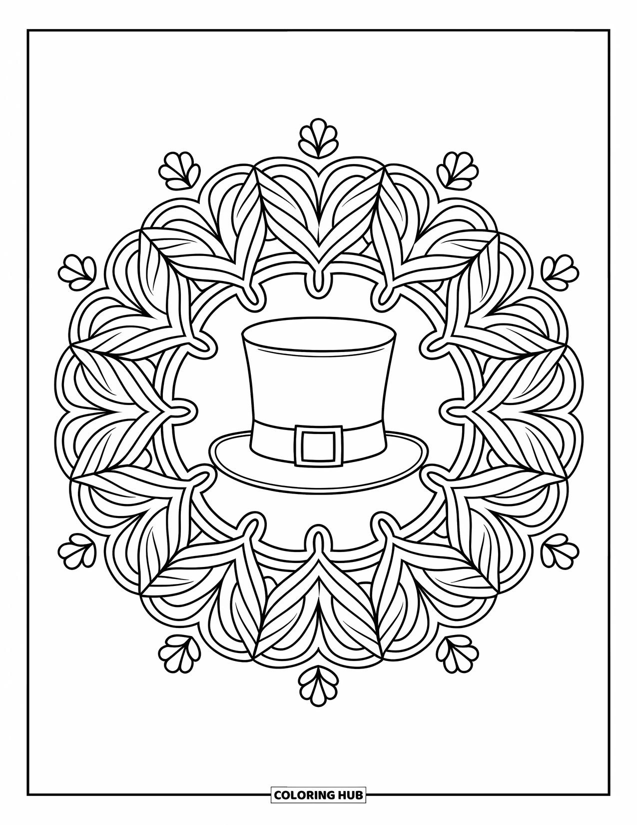 Coloriage de la Saint-Patrick pour adultes : Un chapeau de farfadet dans un mandala botanique circulaire