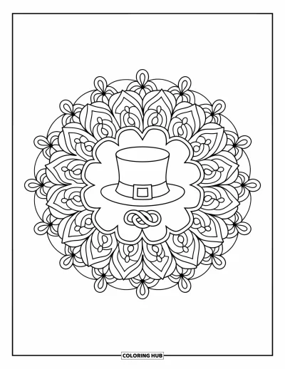 Sankt Patricks dag-målarbild för vuxna: En mandala av blommor och blad med en hatt vilande på en keltisk knut