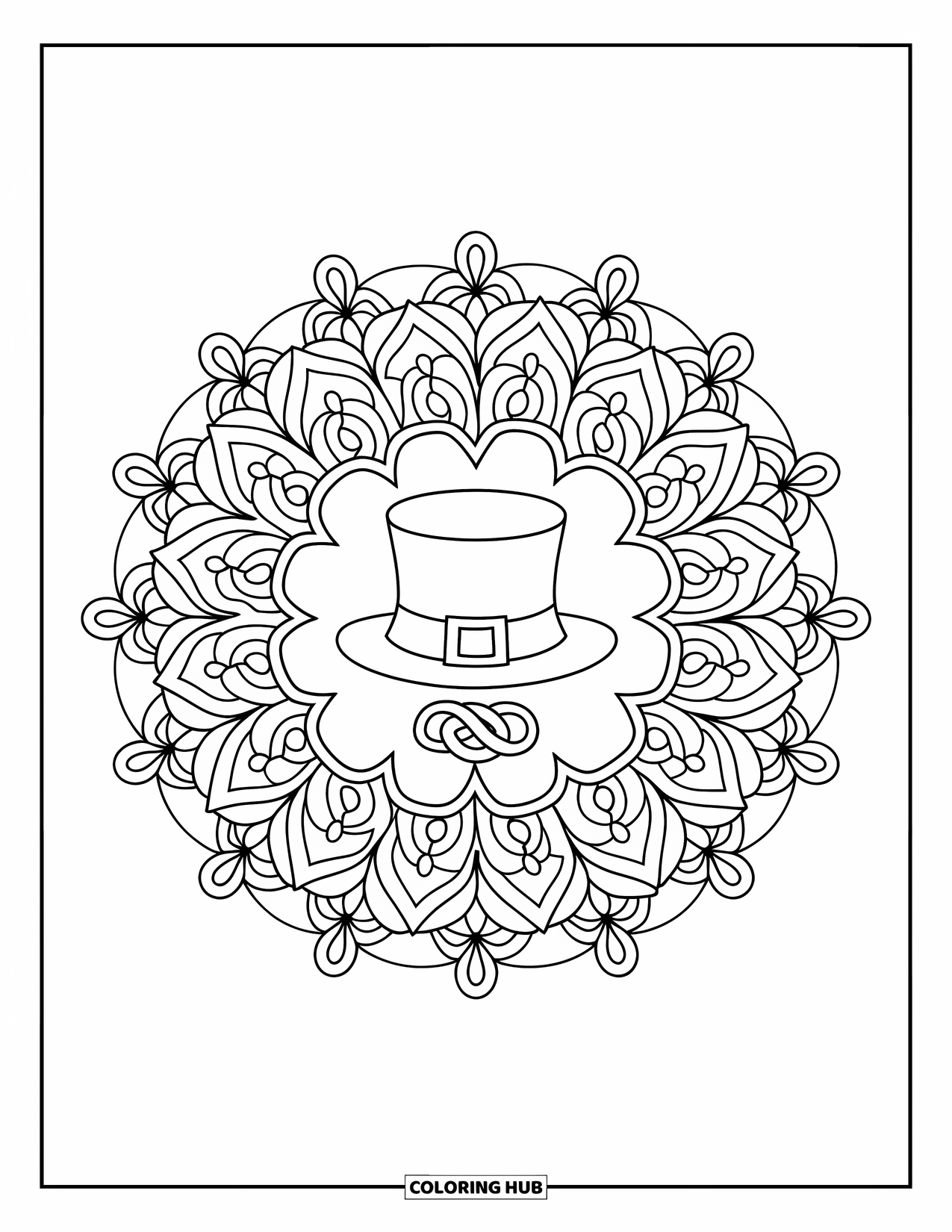 Coloriage de la Saint-Patrick pour adultes : Un mandala de fleurs et de feuilles avec un chapeau posé sur un nœud celtique