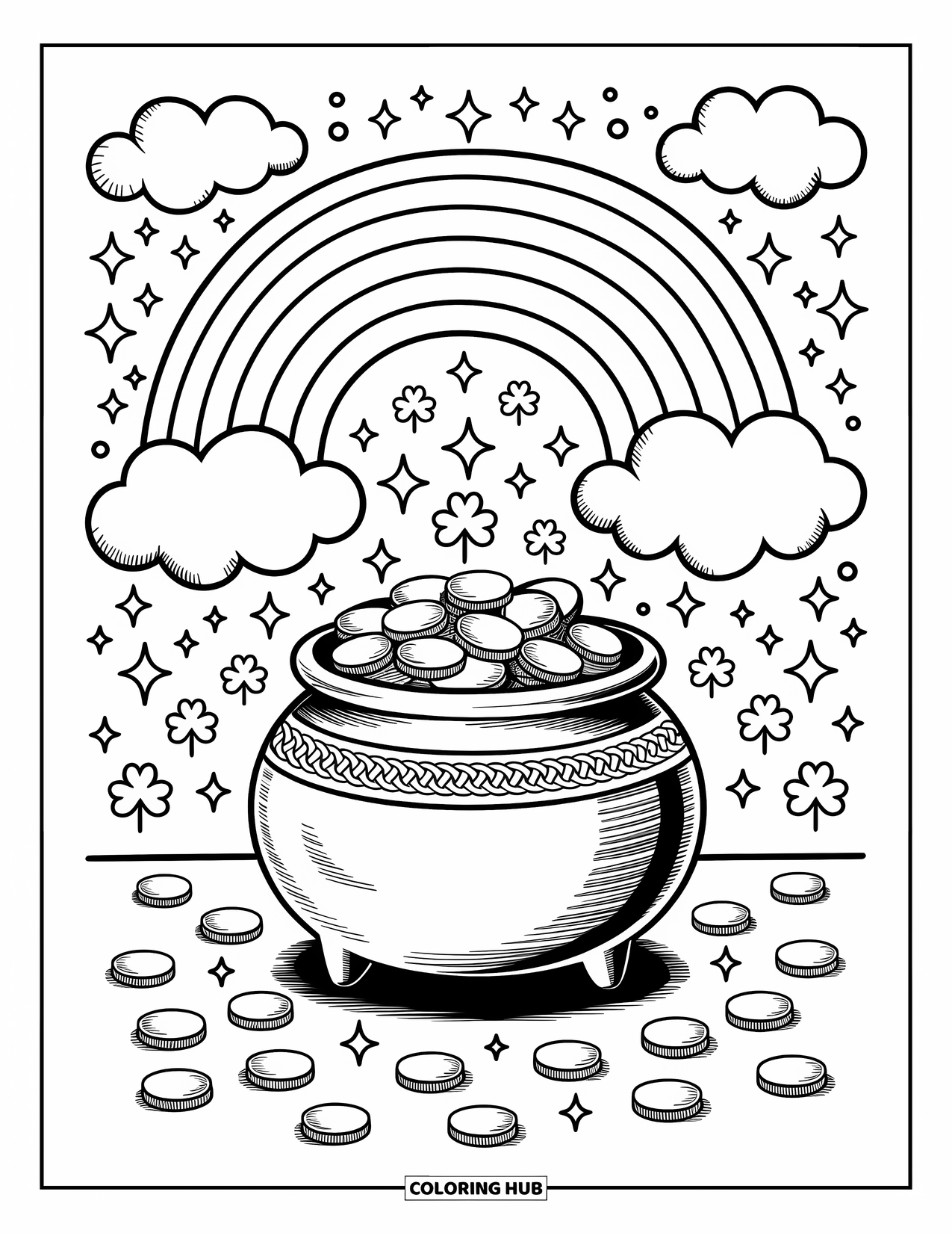 Coloriage de la Saint-Patrick pour adultes : Un pot de pièces sous un arc-en-ciel entouré d’étincelles et de petits trèfles