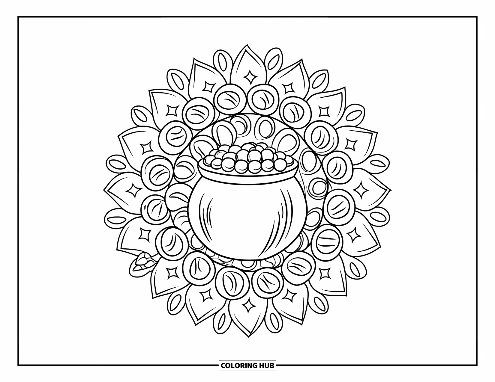 Coloriage de la Saint-Patrick pour adultes : Un pot d’or au centre d’un mandala de pièces, de feuilles et d’étoiles
