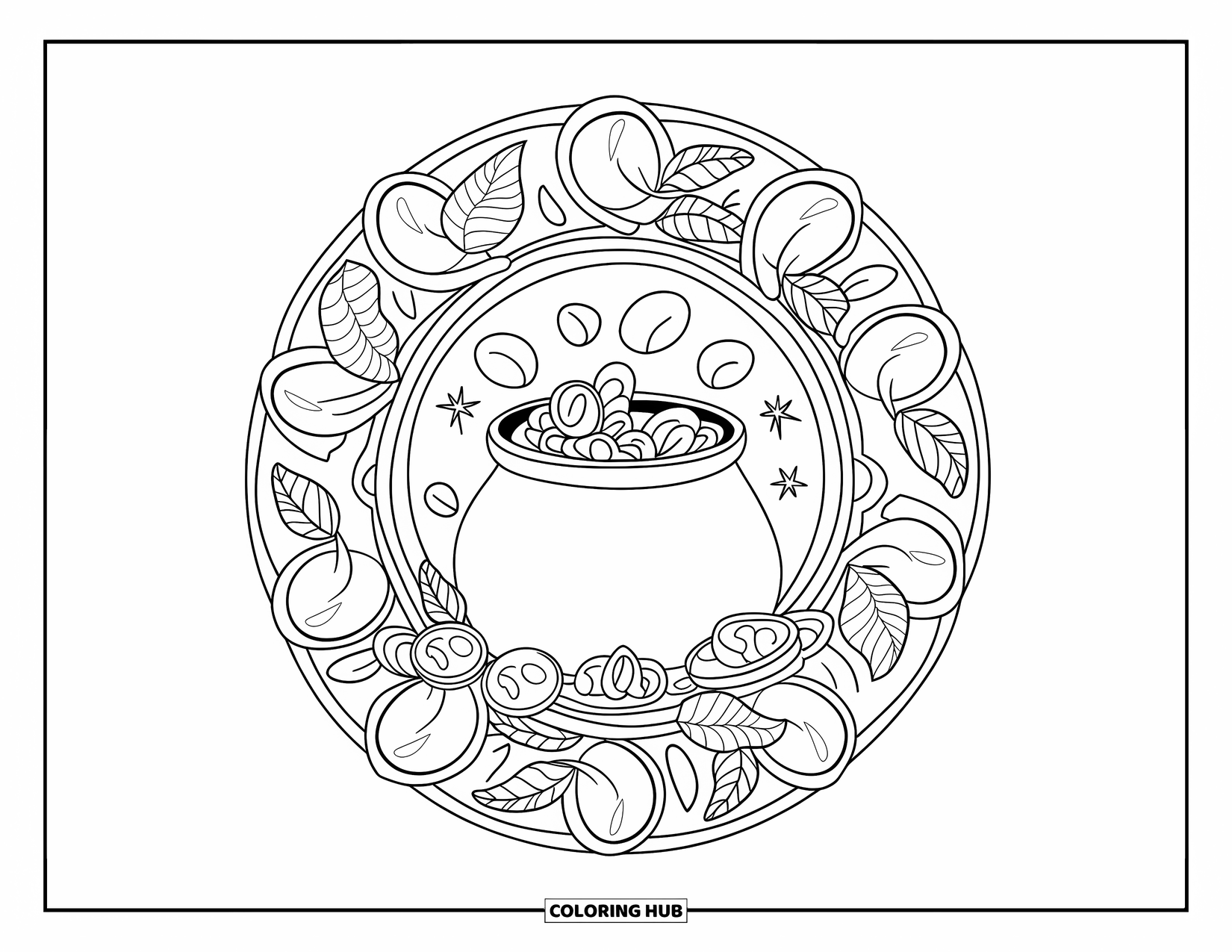 Coloriage de la Saint-Patrick pour adultes : Un pot d’or dans un mandala complexe de pièces, de feuilles et d’étoiles