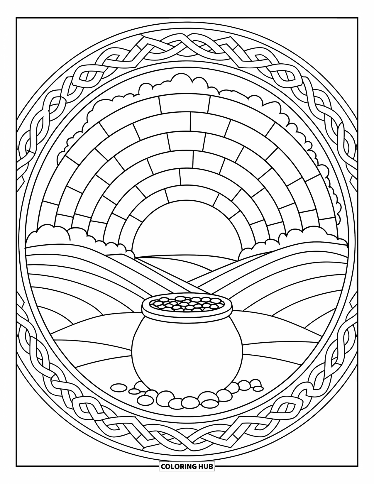 Coloriage de la Saint-Patrick pour adultes : Un arc-en-ciel au-dessus d’un pot d’or entouré de motifs de nœuds celtiques