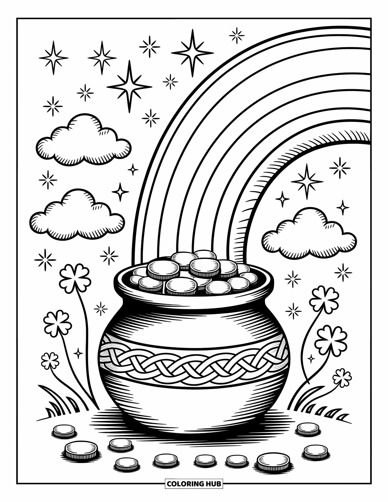 Coloriage de la Saint-Patrick pour adultes : Un arc-en-ciel au-dessus d’un pot d’or avec des trèfles flottants et des étoiles brillantes