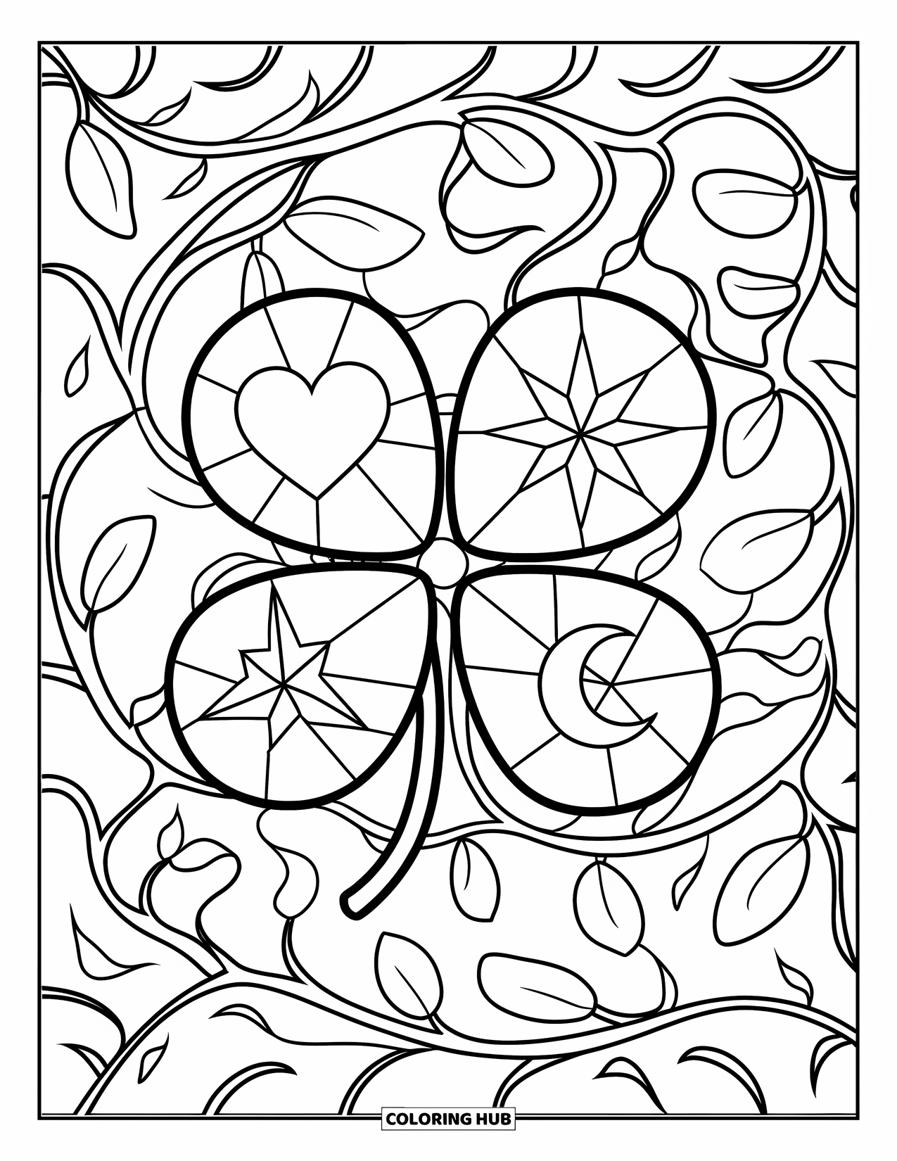 Coloriage de la Saint-Patrick pour adultes : Un trèfle façon vitrail avec des motifs de cœur, d’étoile, de lune et d’éclair