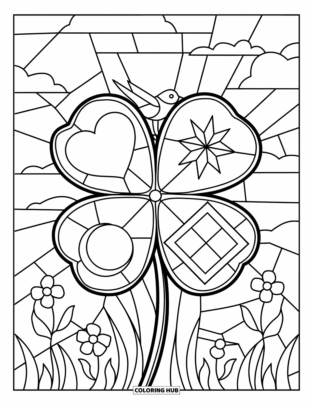 Coloriage de la Saint-Patrick pour adultes : Un trèfle façon vitrail avec des symboles et un oiseau perché parmi les fleurs