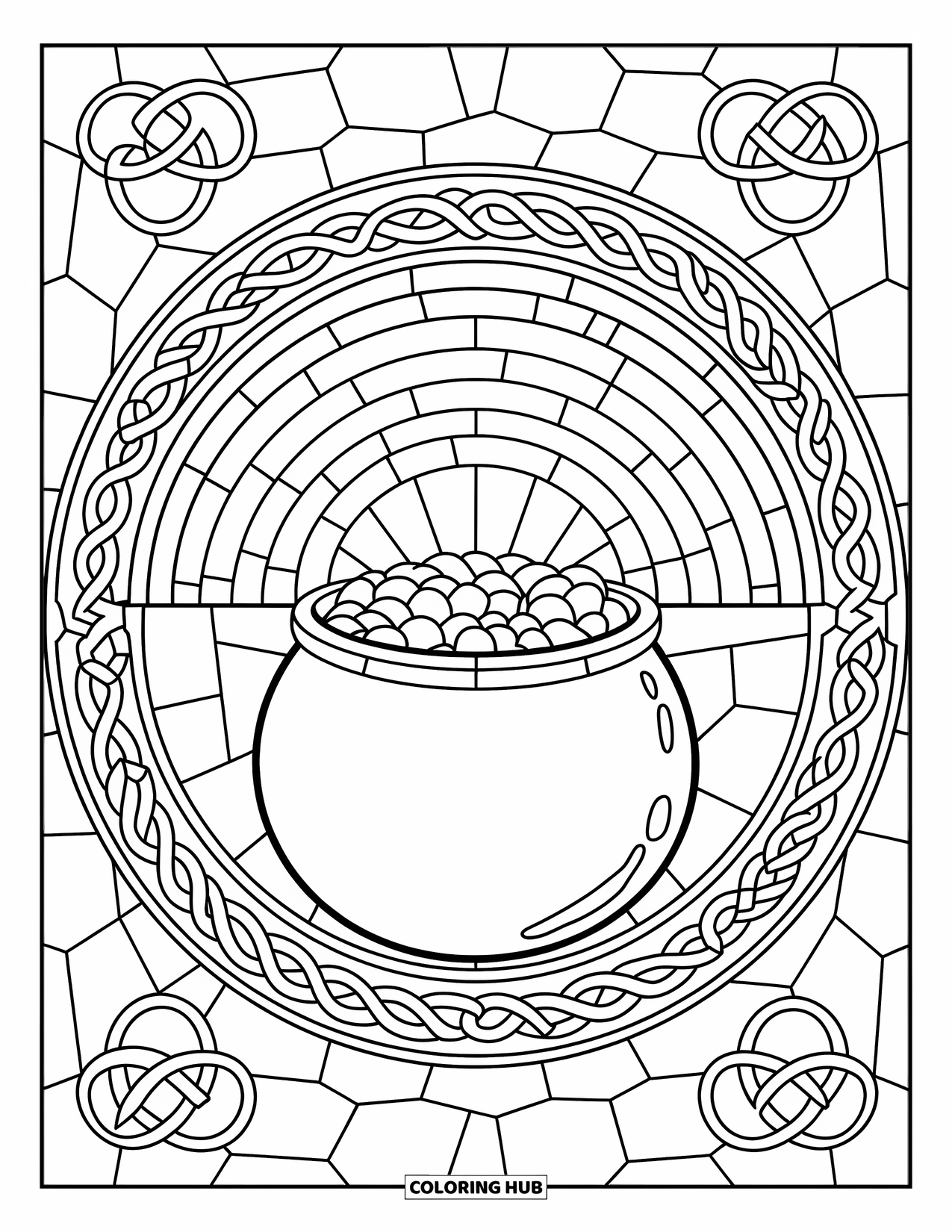 Coloriage de la Saint-Patrick pour adultes : Un pot d’or façon vitrail sous un arc-en-ciel entouré de nœuds celtiques