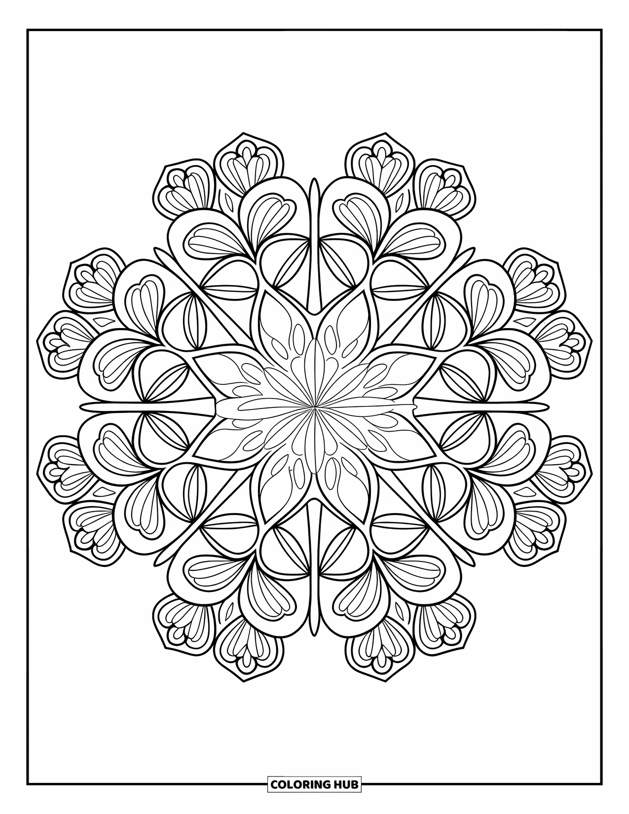 Coloriage de la Saint-Patrick pour adultes : Un mandala symétrique de trèfles en contours nets et épais