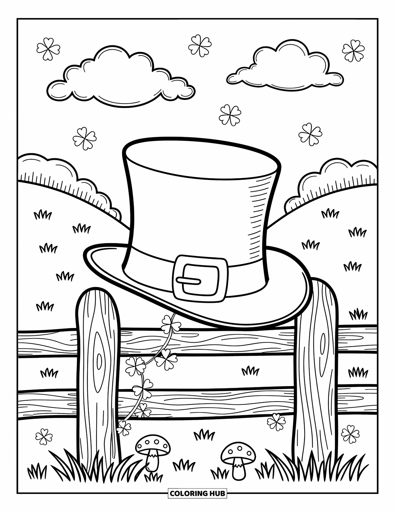 Coloriage de la Saint-Patrick pour adultes : Un grand chapeau à boucle posé sur une clôture avec des trèfles et des champignons